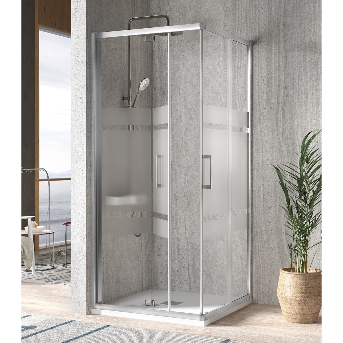 Mampara angular 2 puertas 1 plegable y 1 corredera decorado TR705+ TR707 Kassandra