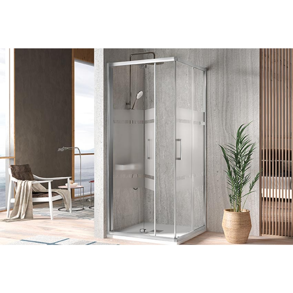 Mampara angular 2 puertas 1 plegable y 1 corredera decorado TR705+ TR707 Kassandra