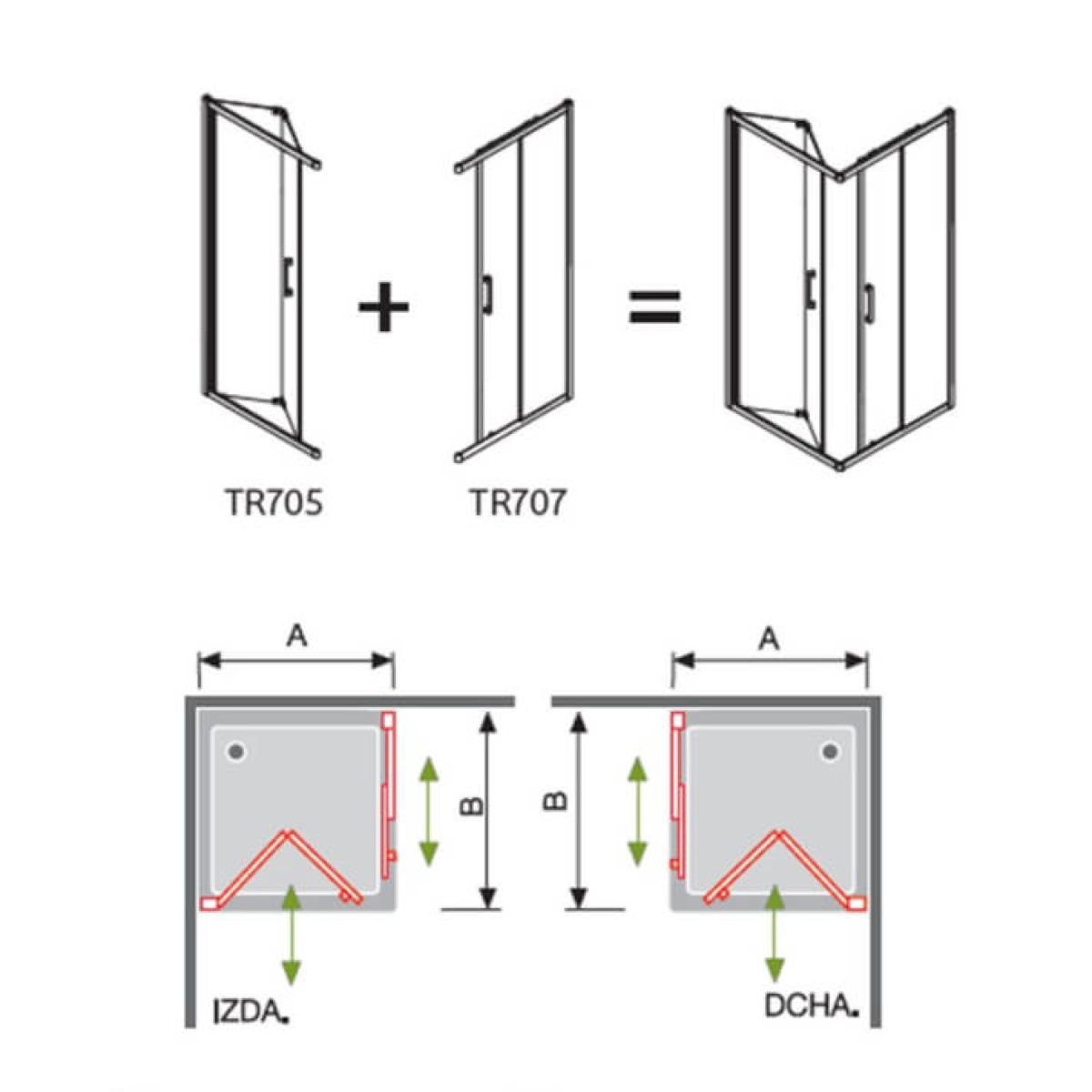Mampara angular 2 puertas 1 plegable y 1 corredera decorado TR705+ TR707 Kassandra